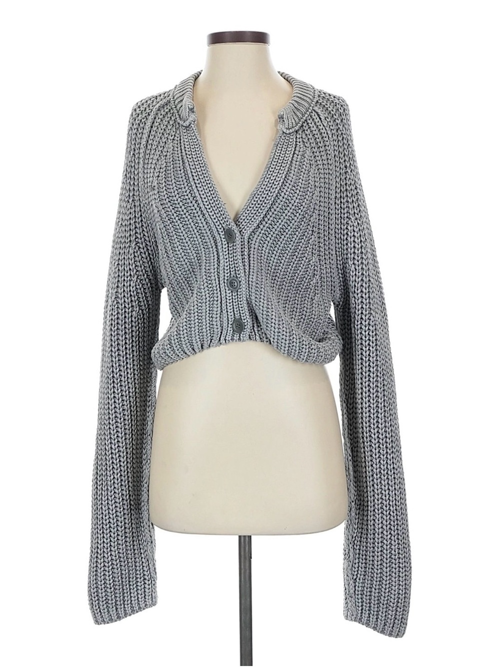 Free People Sweet Nothing Chunky Knit Cardi Sweater Relaxed Fit Grey Cropped XS